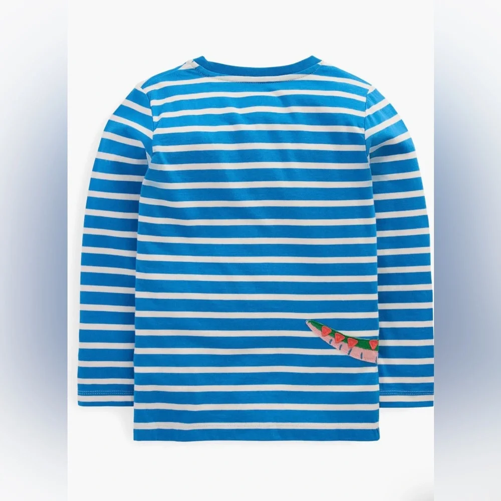 *New* Mini Boden Blue Striped Dinosaur Top Long Sleeve Size 6-7